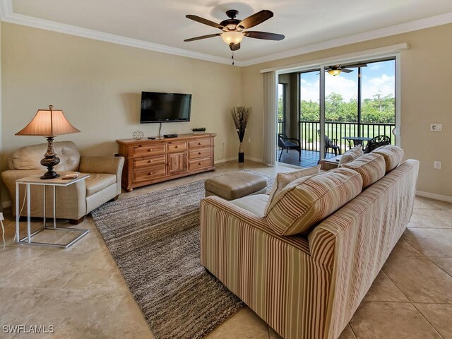 living room featuring crown molding, light tile patterned floors, and ceiling fan