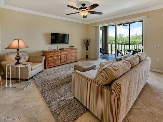 living area featuring light tile patterned floors, baseboards, ornamental molding, and a ceiling fan