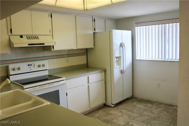 kitchen with extractor fan, white cabinetry, sink, decorative backsplash, and white appliances