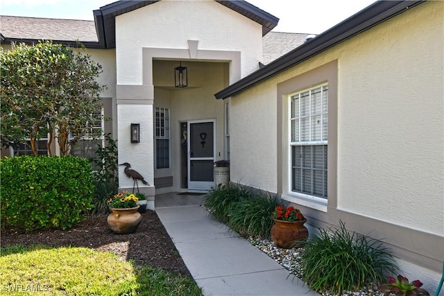 entrance to property featuring stucco siding