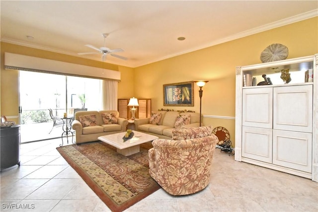 living room featuring ornamental molding, light tile patterned flooring, and ceiling fan