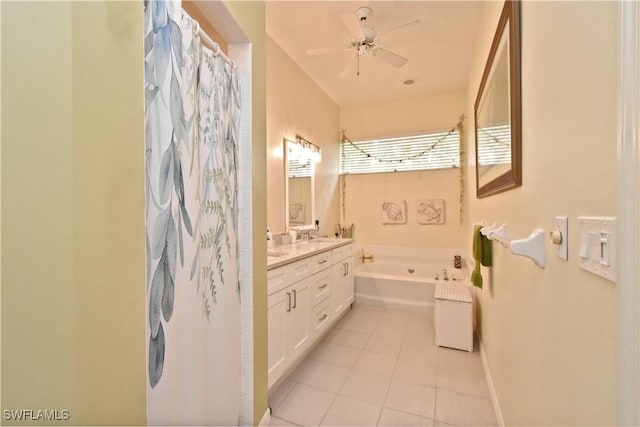 bathroom featuring curtained shower, double vanity, baseboards, tile patterned floors, and a garden tub