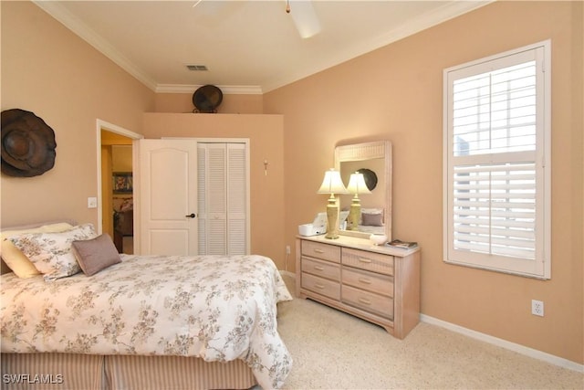 bedroom with ornamental molding, a closet, visible vents, and multiple windows