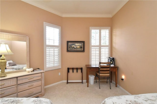 bedroom featuring carpet, crown molding, and baseboards