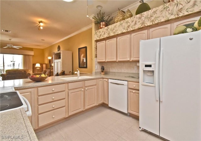 kitchen with crown molding, white appliances, light brown cabinetry, and sink