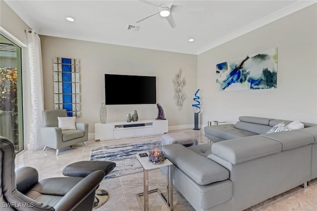 living room featuring crown molding and ceiling fan