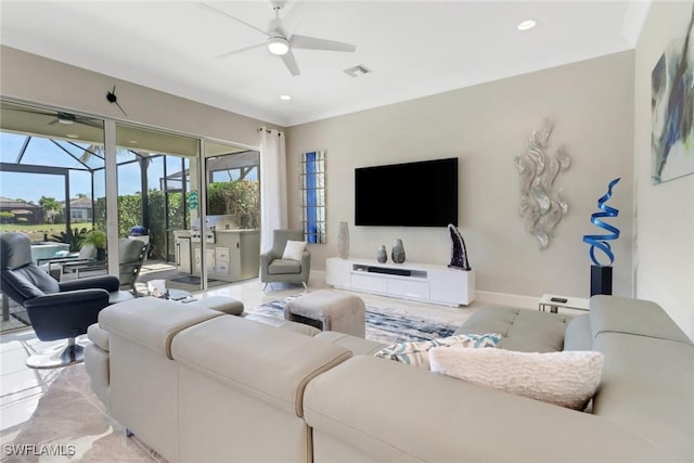 living room with ceiling fan