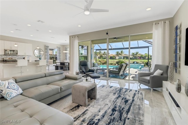 living room featuring ceiling fan