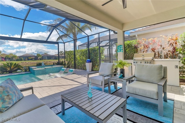 view of pool featuring a patio, outdoor lounge area, area for grilling, an in ground hot tub, and glass enclosure