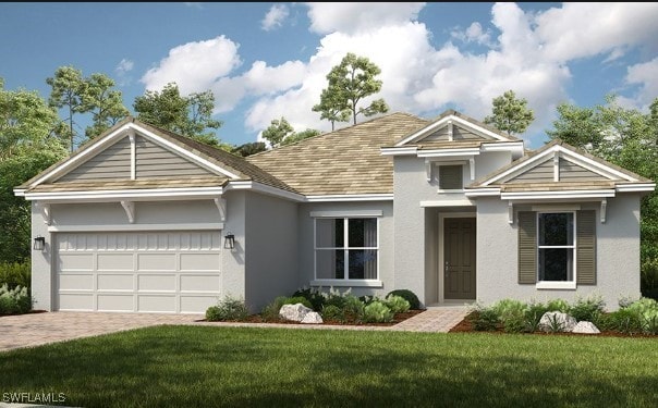 view of front facade with an attached garage, a shingled roof, decorative driveway, stucco siding, and a front lawn