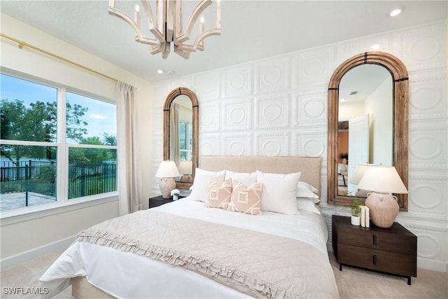 bedroom featuring arched walkways, recessed lighting, light colored carpet, baseboards, and an inviting chandelier