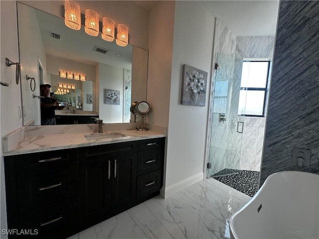 bathroom with vanity and plus walk in shower