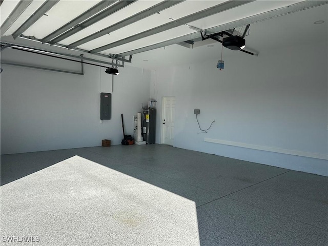 garage featuring a garage door opener, electric panel, and water heater