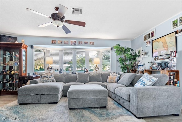 living room with ceiling fan and wood-type flooring