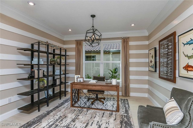 office featuring light wood finished floors, baseboards, ornamental molding, a notable chandelier, and recessed lighting