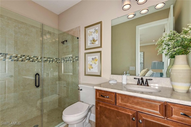 bathroom featuring toilet, ensuite bath, vanity, and a shower stall