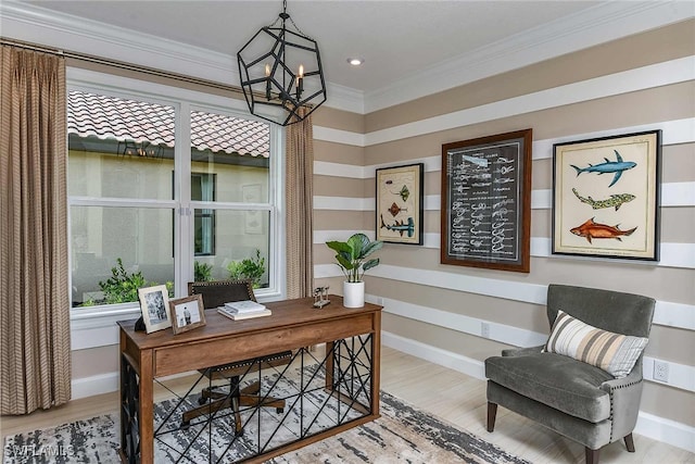 office with light wood-type flooring, a wealth of natural light, baseboards, and crown molding