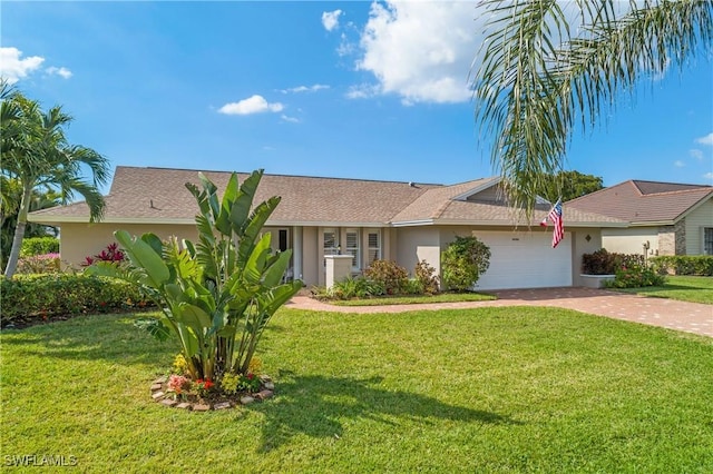 single story home with an attached garage, a front lawn, decorative driveway, and stucco siding