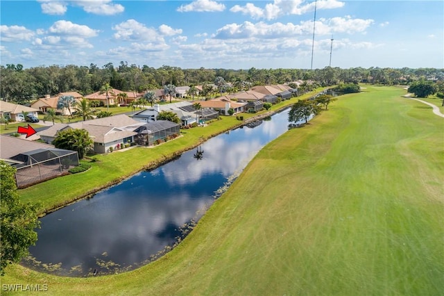 birds eye view of property with a residential view and a water view