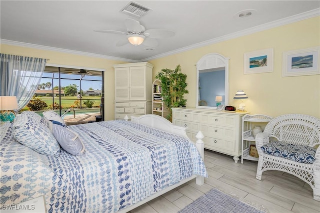 bedroom with a ceiling fan, visible vents, access to exterior, ornamental molding, and wood tiled floor