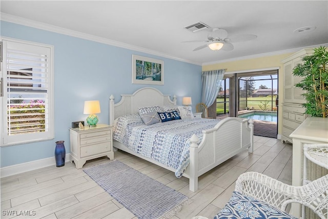 bedroom with access to exterior, crown molding, visible vents, wood tiled floor, and baseboards