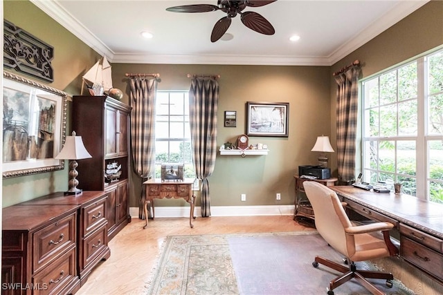 home office with ornamental molding and ceiling fan