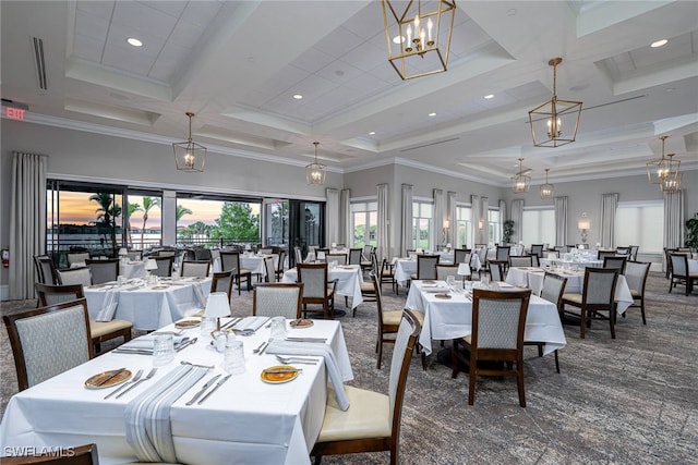 dining room with crown molding, coffered ceiling, a wealth of natural light, and beam ceiling