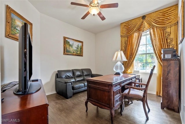 office with hardwood / wood-style flooring and ceiling fan