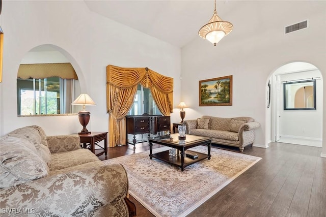 living room with a towering ceiling and dark hardwood / wood-style floors