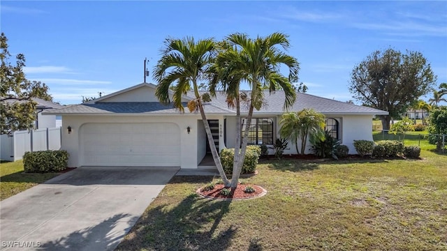 ranch-style house with a garage and a front yard