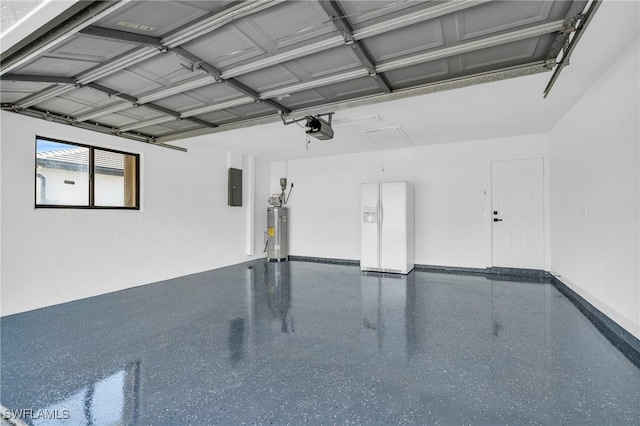 garage with a garage door opener, white fridge with ice dispenser, electric panel, and water heater