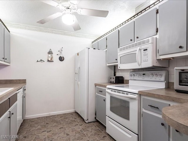 kitchen featuring backsplash, white appliances, a textured ceiling, and ceiling fan