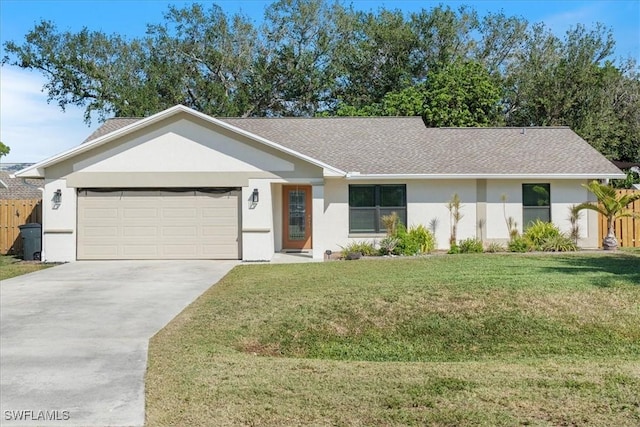 ranch-style house featuring a garage and a front lawn