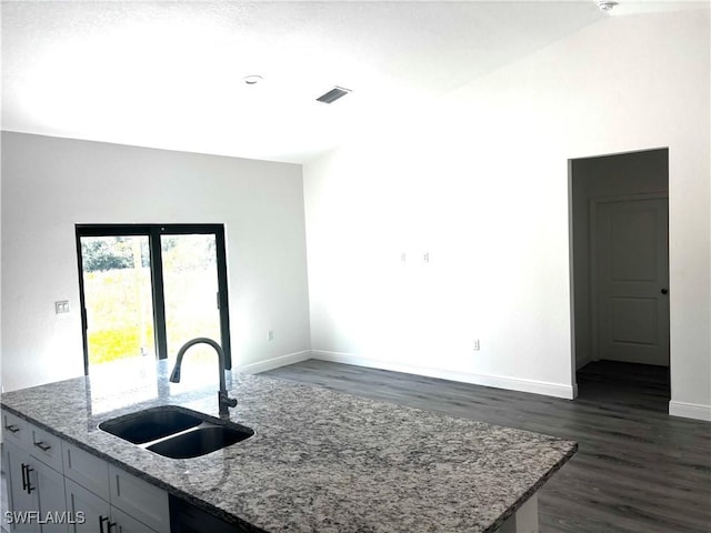 kitchen featuring sink, white cabinets, dark hardwood / wood-style flooring, light stone counters, and a center island with sink