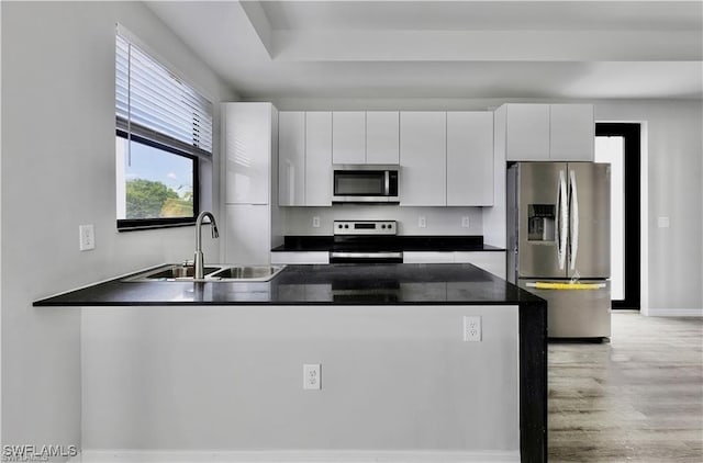 kitchen featuring white cabinetry, appliances with stainless steel finishes, sink, and light hardwood / wood-style floors