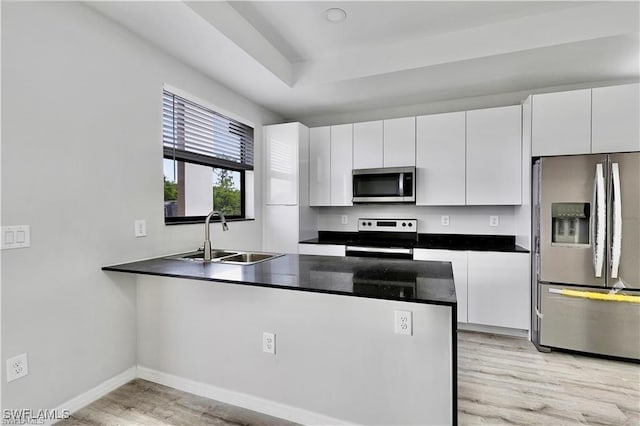 kitchen with stainless steel appliances, sink, and white cabinets