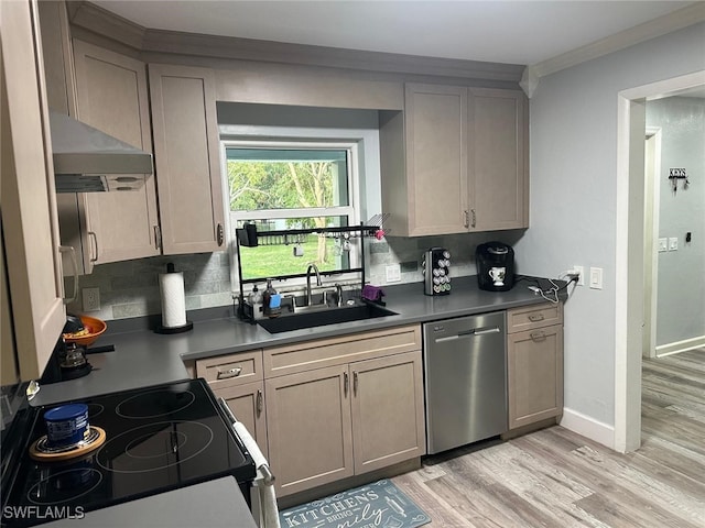 kitchen with ventilation hood, sink, light hardwood / wood-style floors, stainless steel appliances, and crown molding