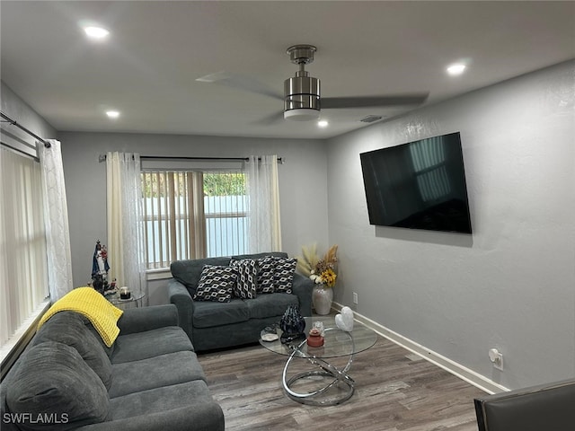 living room featuring ceiling fan and wood-type flooring