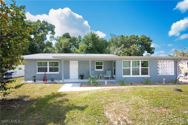 single story home featuring stucco siding and a front lawn