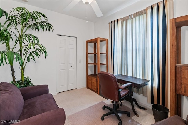 office with ceiling fan and light colored carpet