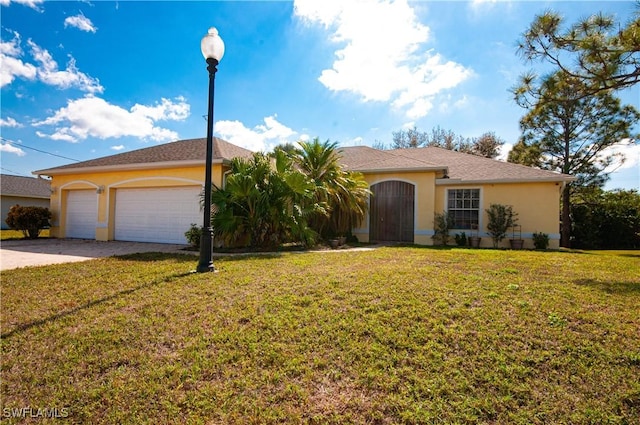 single story home with a garage and a front yard