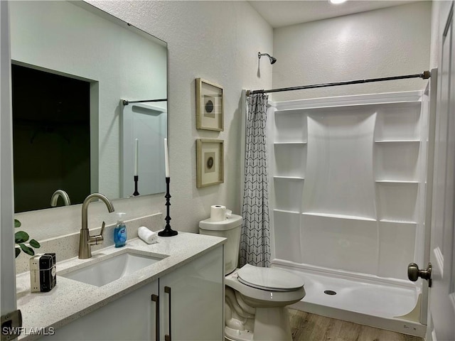 bathroom with vanity, wood-type flooring, toilet, and a shower with shower curtain