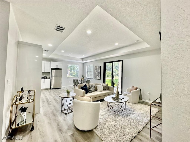 living room featuring a raised ceiling, a textured ceiling, and light hardwood / wood-style floors