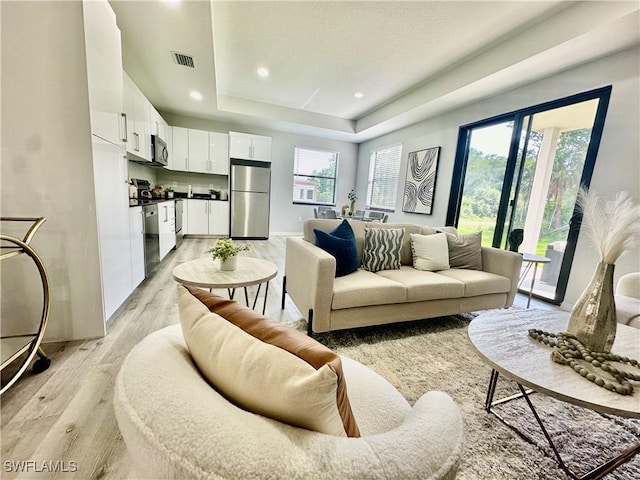 living room featuring a tray ceiling and light hardwood / wood-style flooring