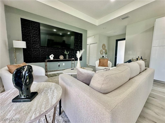 living room featuring a raised ceiling and light hardwood / wood-style floors