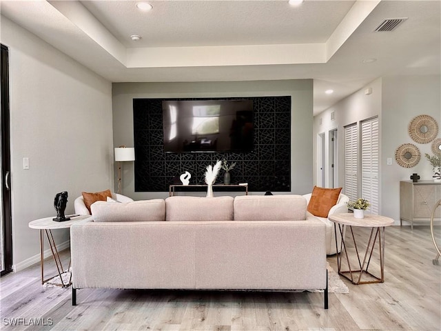 living room featuring a tray ceiling and wood-type flooring