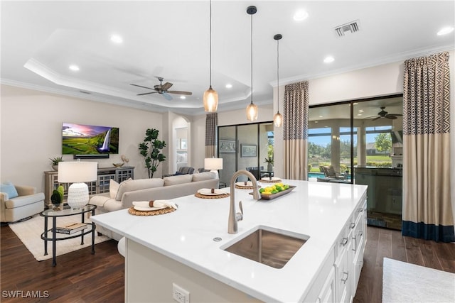 kitchen with dark wood-type flooring, sink, decorative light fixtures, an island with sink, and white cabinets