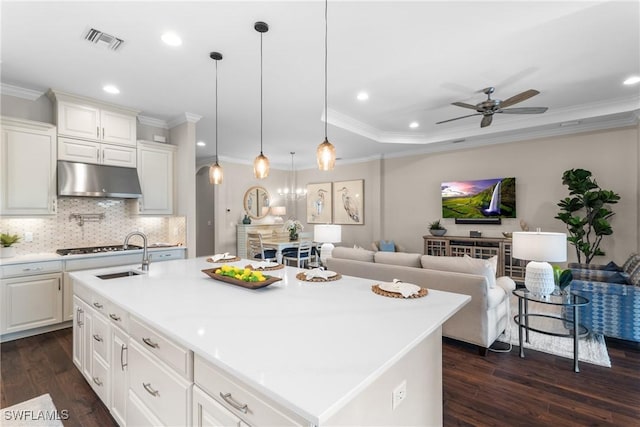 kitchen featuring white cabinetry, dark hardwood / wood-style flooring, a kitchen island with sink, and pendant lighting