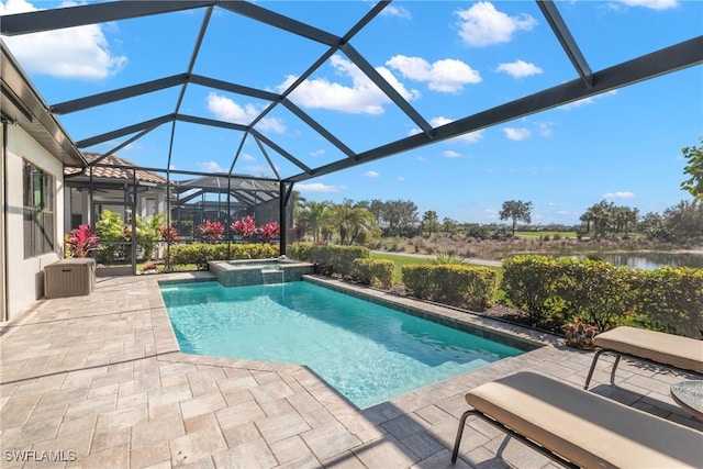 view of swimming pool with a water view, an in ground hot tub, a lanai, and a patio