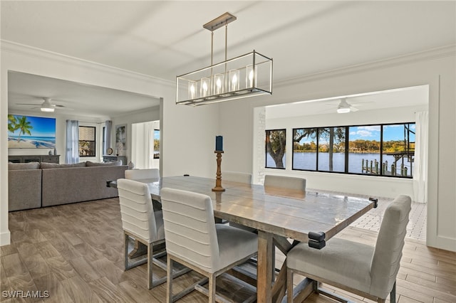 dining area with a water view, wood-type flooring, crown molding, and plenty of natural light